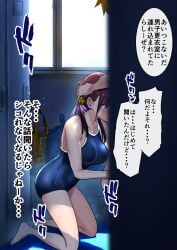 1boy bare_arms bare_shoulders barefoot blue_eyes blush breasts brown_hair collarbone commentary_request female highres hiyori_(wakana_hanabi) implied_fellatio kneeling large_breasts locker locker_room male original school_swimsuit solo_focus straight sweat swimsuit translation_request twintails wakana_hanabi