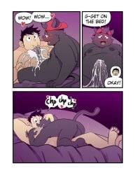 3_panel_comic anthro armpit_hair backwards_baseball_cap backwards_hat balls baseball_cap bed black_body black_fur blush bodily_fluids body_hair clothing comic cum cum_drip cum_in_mouth cum_inside cum_on_chest cum_on_leg cum_on_penis dialogue domestic_cat dripping drooling duo english_text felid feline felis fellatio fur furniture genital_fluids genitals glans hat hat_only head_between_pecs headgear headgear_only headwear headwear_only heart_symbol hi_res human human_on_anthro humanoid_genitalia humanoid_penis interspecies kenta_(t0l0k) looking_pleasured lying male male/male mammal max_(t0l0k) mostly_nude multiple_scenes muscular muscular_human nipples on_back on_bed open_mouth oral overweight overweight_anthro pecs penile penis penis_between_pecs penis_in_mouth red_clothing red_hat red_headwear saliva sex speech_bubble sweat t0l0k tail text