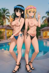 2girls ai_generated areola black_hair blue_eyes blush breasts breasts_out female golden_hair green_eyes smile standing strappy_heels tattoo underwear