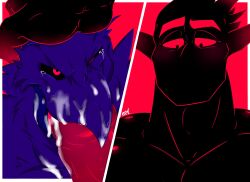 avian avian_humanoid bara beefy_demon_acc blush choking_on_cock corviknight crying crying_with_eyes_open cum cum_in_mouth cum_inside cum_on_face cumshot deepthroat demon ethan_(beefy_demon_acc) gay hand_on_head original_characters penis pokemon_(species) sucking_penis tears tears_in_eyes