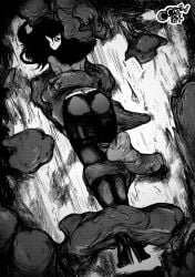 ass black_and_white bondage clothed clothing defeated defeated_heroine lica_(oozed) looking_at_viewer looking_back oozed parasite slime stuck