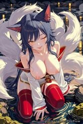 1girls 2025 ahri ai_generated animal_ears bangs bare_shoulders black_hair blush breasts breasts_out collarbone detached_sleeves dress erect_nipples eroflow facial_mark fox_ears fox_girl fox_tail hard_nipples hi_res highres kneeling korean_clothes large_breasts league_of_legends league_of_legends:_wild_rift long_hair long_sleeves looking_at_viewer multiple_tails nipples one_eye_closed patreon red_thighhighs riot_games slit_pupils solo tail thighhighs tongue tongue_out very_long_hair voluptuous voluptuous_female water wet whisker_markings yellow_eyes