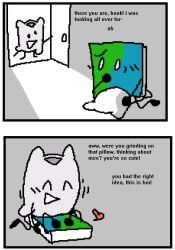 2girls ^o^ animate_inanimate battle_for_dream_island bfdi blush blush blush_lines book book_(bfdi) comic dialogue english english_dialogue english_text female female/female female_only flat_colors grinding grinding_against_pillow grinding_on_face heart interrupted motion_lines no_genitals no_genitals_shown no_humans non-human non-human_only object_shows objectfucker pillow pillow_(bfdi) pillow_grinding pillow_humping two_panel_image walked_in_on yuri yuri
