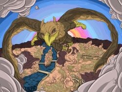 4:3 5_fingers abs anthro avian balls beak biceps brown_body brown_eyes brown_fur carpo city city_background city_destruction claws destruction feathered_wings feathers feet fingers flying fur genitals gryphon hi_res landscape_dwarfing macro macro_anthro macro_male male muscular muscular_anthro muscular_male mythological_avian mythological_creature mythology nude ohohflamethrower outside paws pecs penis pyronite(commissioner) rampage roman sky smile smoke solo tail toes wings