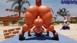 16:9 2024 3d angry anthro anus ass backsack balls barely_visible_anus beach big_butt black_nose blue_clothing blue_eyes blue_topwear camseven canid canine circumcised clothed clothed_female clothing dialogue digital_media_(artwork) disney duo english_description english_text erection female fox genitals gloves_(marking) green_eyes half-closed_eyes hi_res humanoid_genitalia humanoid_penis judy_hopps lagomorph leg_markings leporid looking_through looking_through_legs male mammal markings narrowed_eyes nick_wilde nude_anthro nude_male penis perineum question_mark rabbit rear_view socks_(marking) stretching tail talking_to_another text thick_thighs topwear widescreen zootopia