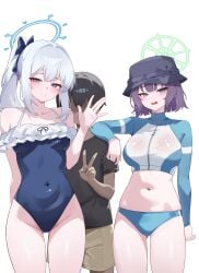 1boy 2girls 54etfs absurdres age_difference bikini black_hair blue_archive blue_bikini blue_eyes blue_halo blue_jacket blue_one-piece_swimsuit blush bow breasts bucket_hat casual_one-piece_swimsuit covered_navel frilled_one-piece_swimsuit frills green_eyes green_halo hairbow halo hat highres jacket large_breasts light_smile long_hair looking_at_viewer medium_breasts miyako_(blue_archive) multiple_girls netorare off-shoulder_one-piece_swimsuit off_shoulder official_alternate_costume one-piece_swimsuit onee-shota open_mouth ponytail saki_(blue_archive) short_hair stomach swimsuit thighs v white_hair