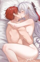 1boy absurdres ahoge breasts captain_(honkai_impact) commentary_request commission completely_nude cum cum_overflow english_commentary female highres honkai_(series) honkai_impact_3rd hug kissing long_hair lying mixed-language_commentary nude on_bed on_side pixiv_commission red_hair sex short_hair straight theresa_apocalypse theresa_apocalypse_(luna_kindred) theresa_apocalypse_(lunar_vow:_crimson_love) very_long_hair welo white_hair