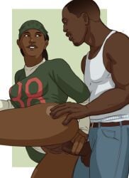 1boy african_american balls bandana black_hair carl_johnson denise_robinson erection female grand_theft_auto grand_theft_auto:_san_andreas jersey male penis santo_(artist) straight vagina vaginal_penetration