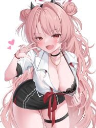 :d absurdres bead_necklace beads black_bra black_choker black_skirt blue_archive blush bow bowtie bra breasts choker cleavage collared_shirt commentary_request cowboy_shot curvy demon_horns double_bun eyelashes fake_horns female fingernails gyaru hair_between_eyes hair_bun hair_intakes halo hand_up happy heart highres horns jewelry kirara_(blue_archive) kogal large_breasts leaning_forward long_fingernails long_hair long_sleeves nail_polish necklace oerba_yun_fang open_mouth pencil_skirt pink_hair presenting_breasts red_bow red_bowtie red_eyes red_halo red_nails school_uniform shiny_skin shirt simple_background skin_fang skindentation skirt sleeves_rolled_up smile solo thigh_strap thighs tsurime two_side_up underwear very_long_hair wavy_hair wfa5051 white_background white_shirt