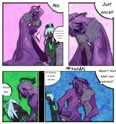 1x1x1x1_(forsaken) betrayed_1x1x1x1 black_fur breasts chains comic condom cum_in_ass english_text forsaken_(roblox) green_penis grey_body hard_cock heart_symbol neleve787l neutral_expression noli_(forsaken) purple_body purple_hair purple_penis red_eyes roblox roblox_game robloxian self_upload semi_clothed smile speech_bubble text two_tone_body white_hair