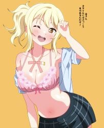 1girls ;d absurdres anime_coloring arm_up armpit_crease armpits blonde_hair blue_shirt bra breasts cleavage collarbone collared_shirt commentary_request contrapposto cowboy_shot dress_shirt female flower-trimmed_bra grey_skirt gyaru highres kogal leaning_forward love_live! love_live!_nijigasaki_high_school_idol_club medium_breasts medium_hair miniskirt miyashita_ai navel neck_ribbon nijigasaki_school_uniform off_shoulder one_eye_closed open_clothes open_mouth open_shirt orange_eyes pink_bra pink_ribbon plaid_clothes plaid_skirt pleated_skirt ponytail ribbon school_uniform shinonome_sakura shirt sidelocks simple_background skirt smile solo stomach summer_uniform teeth translated underwear upper_teeth_only v-shaped_eyebrows yellow_background