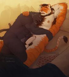 2025 abs anthro anthro_focus anthro_on_anthro anthro_only arm_tuft armpit_hair ass back_tuft balls beard belly_hair biceps black_penis body_hair boxers_(clothing) brown_hair chest_hair closed_eyes clothing deltoids domestic_cat duo elbow_tuft erection eyebrow_scar eyebrows facial_hair facial_scar felid feline felis flaccid forearm_muscles foreskin genitals grey_hair hair hairy hand_behind_head hand_on_shoulder hand_on_side happy_trail head_on_chest heart_boxers heart_clothing heart_symbol heart_underwear hi_res hug intimate lying male male/male mammal manly muscular muscular_arms muscular_legs muscular_thighs nipple_piercing nipples nude on_back onyx_(han3verde3n) open_mouth pantherine pecs penis piercing pillow ponytail pubes reclining santiago_(yeshh) scar simple_background sleeping tiger triceps tuft under_covers underwear white_penis yeshh