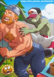 2boys abs alternate_muscle_size ancpaghetti arm_hair armpit_hair armpit_hair_peek bara baseball_cap baseball_uniform baseball_zombie_(pvz) beard belt bulge colored_skin crazy_dave_(pvz) denim erection erection_under_clothes facial_hair full_beard green_skin hat highres jeans large_pectorals male_focus missing_tooth multiple_boys nipples object_on_head open_mouth paid_reward_available pants patreon_username peashooter_(pvz) pectorals plants_vs_zombies potato_mine_(pvz) saucepan size_difference sportswear sunflower_(pvz) teeth thick_chest_hair toned toned_male topless_male yaoi zombie