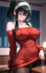 ai_generated big_breasts black_hair earrings female female hell-pantsu nipples_visible_through_clothing ponytail rubbing rubbing_clitoris rubbing_pussy spy_x_family yor_briar yor_forger