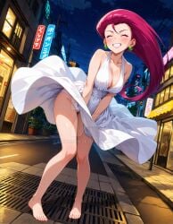 2025 4kids_entertainment ai_generated anime barefeet barefoot celebrity city closed_eyes deviantart elryusam embarrassed_female green_earrings jessie_(pokemon) looking_at_viewer marilyn_monroe marilyn_monroe_(cosplay) meta nintendo not_porn orange_cheeks panties_visible_through_clothes panties_visible_through_clothing pink_hair pokemon smile_at_viewer smiling_at_viewer team_rocket white_dress white_panties