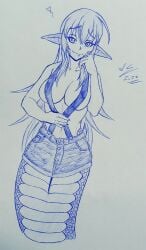 1girls breasts clothed clothing female heart lamia long_hair miia_(monster_musume) monster_girl monster_musume_no_iru_nichijou naga overalls pointy_ears sketch skirt snake solo wulfsenn