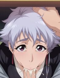 1boy 1girls ai_generated bleach cock_worship kotetsu_isane silver_hair tagme