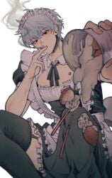 alternate_costume apron black_legwear black_thighhighs boob_window cigarette crossdressing food frills fully_clothed g0nyag garter_straps gintama gintoki_sakata looking_at_viewer maid maid_headdress maid_uniform male male_only manly_crossdresser parfait smoking solo thighhighs waiter white_hair
