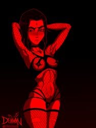 1female 1girl armpit armpit_crease black_hair black_hair_female female_focus female_only fishnet_bodysuit fishnet_clothing fishnet_legwear fishnet_pantyhose fishnets girl_only looking_at_viewer natural_hair nipple_piercing nipples nipples_exposed pale-skinned_female pale_skin pierced_nipples piercings posi posing raven_(dcamu) red_light red_lighting ripped_fishnets seductive_look tagme watermark