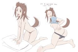 1girls ass_grab blush breasts brown_eyes brown_hair dog_ears dog_tail feet female flaccid hitsujigoods kneeling multiple_angles nude original panties_down penis pillow pubic_hair shirt_lift trans_woman transfem vhs_doggy wagging_tail