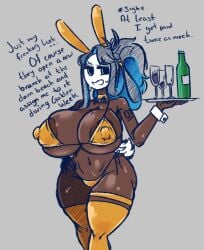 1girls big_breasts bikini black_hair blue_hair breasts bunny_ears dark-skinned_female female gold_bikini large_breasts mario_(series) mask original_character shadyshadsie shy_gal solo sweat text thighhighs