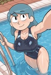 ai_generated hilda_(hilda) hilda_(series) large_breasts looking_at_viewer smile smiling smiling_at_viewer smiling_female swimming_pool swimsuit teenage_girl wet wet_body wet_hair wet_skin
