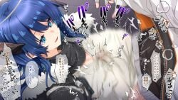 1boy absurdres arknights bison_(arknights) black_jacket black_scarf blue_eyes blue_hair breasts cleavage demon_girl demon_horns fallen_angel female fur-trimmed_hood fur-trimmed_jacket fur_trim heart highres hood horns jacket kurarome large_breasts mostima_(arknights) paizuri paizuri_under_clothes precum scarf shirt smile translation_request white_shirt