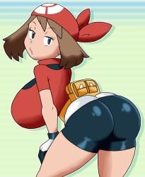 1girls artist_request ass bandana bike_shorts blue_eyes breasts brown_hair fanny_pack female_only fully_clothed gloves huge_ass huge_breasts looking_at_viewer may_(pokemon) pokemon smug smug_face twerking