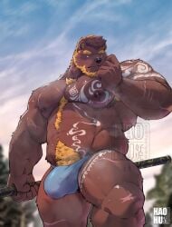 2024 abdominal_scar abs anthro arm_scar arm_tattoo armpit_hair barazoku bear beard belly_hair belly_tattoo blonde_hair blue_clothing blue_thong blue_underwear body_hair bulge chest_hair clothed clothing facial_hair hair haohu happy_trail hi_res leg_scar leg_tattoo male mammal manly musclegut muscular muscular_arms muscular_legs muscular_male navel nipples outside pecs scar shoulder_tattoo solo tattoo thong thong_only topless underwear underwear_only