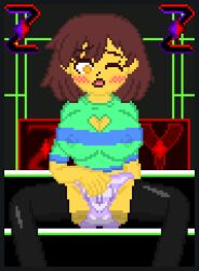 ass big_breasts blush breasts clothed_masturbation erect_nipples erect_nipples_under_clothes female female_only frisk frisk_(undertale) masturbating masturbation panties pixel_art rubbing rubbing_pussy self_upload solo thighhighs undertale undertale_(series) underwear zixy