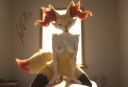 ai_generated anthro anthropomorphic beautiful bedroom big_breasts blue_eyes braixen breasts breeding breeding_request cowgirl_position cum_in_pussy cum_inside cumming ejaculation female fox fox_girl fur furry generation_6_pokemon impregnation_request in_heat intercourse inviting_to_sex kneeling_on_ground looking_at_viewer on_knees orgasm pokemon pokemon_(species) seductive seductive_look seductive_smile sexy sexy_body sexy_pose tits_out wet_pussy