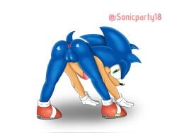 1boy 4:3 anthro ass balls blue_body blue_fur clothing eulipotyphlan footwear fur genitals gloves green_eyes handwear hedgehog hi_res looking_at_viewer male male_only mammal nude nude_male penis presenting presenting_hindquarters red_clothing red_footwear red_shoes sega shoes simple_background solo sonic_(series) sonic_the_hedgehog sonic_the_hedgehog_(series) stretching tail white_background