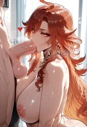 1boy 1girls aether_(genshin_impact) ahoge ai_generated areolae ass bangs blush breasts choker clothing completely_nude curvaceous curvaceous_female curvaceous_figure curvy curvy_figure earrings erection fellatio female female_focus genshin_impact hair_between_eyes heart hoyoverse huge_breasts huge_cock indoors jewelry large_breasts large_penis light_skin long_hair looking_at_viewer male mavuika_(genshin_impact) miyuai mole mole_under_eye muscular_male navel nipples nude oral orange_eyes orange_hair penis red_hair saliva semen sex solo_focus straight sweat testicles thighs tongue tongue_out veins veiny_penis very_long_hair voluptuous voluptuous_female window