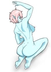 1girls arm_up behind_view big_ass blue_body blue_skin choker cobblestun elf_ears eyebags eyeshadow feet female freckles from_behind kneeling medium_breasts messy_hair nude original pale_skin pink_hair red_eyes sharp_teeth short_hair vampire vampire_girl