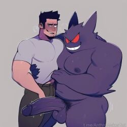 ai_generated chubby gay gengar huge_cock human penis pokemon pokemon_(species) pokephilia pulling_clothing