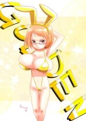 aged_up armpits arms_behind_head arms_up ass_visible_through_thighs big_ass big_breasts bikini breasts bunny_ears cure_muse female golden_bikini huge_breasts narrow_hips precure pretty_cure pururun_z shirabe_ako suite_precure suite_pretty_cure