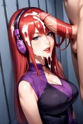 1boy1girl ai_generated blue_eyes clothed_female_nude_male cum cum_on_face cum_on_hair hairjob headphones large_breasts leaning_back looking_at_viewer necklace penis penis_on_head red_hair red_lips uncensored