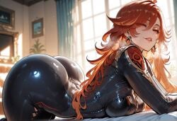 1girls ahoge ai_generated all_fours ass bangs bed bed_sheet black_bodysuit blush bodysuit breast_press breasts clothing curvaceous curvaceous_female curvaceous_figure curvy curvy_figure earrings female female female_focus female_only from_behind genshin_impact gloves hoyoverse huge_ass indoors inviting inviting_to_sex jewelry large_breasts latex latex_bodysuit lips long_hair long_sleeves looking_at_viewer looking_back lying mavuika_(genshin_impact) miyuai on_bed on_stomach orange_hair parted_lips pillow presenting presenting_ass presenting_hindquarters presenting_self red_eyes red_hair seductive seductive_look seductive_smile shiny_clothes shiny_skin skin_tight smile solo thighs voluptuous voluptuous_female window