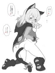 anal_tail animal_costume animal_ears blush breasts cape cat_costume cat_girl cat_tail elize_lutus fake_animal_ears fake_tail female fingerless_gloves floating_hair gloves hood hooded_cape kiikii_(kitsukedokoro) kneeling medium_hair naked_cape nipples open_mouth paw_shoes pussy_juice small_breasts solo speech_bubble steam tail tales_of_(series) tales_of_xillia translation_request
