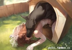 1boy all_fours blurry blurry_background braid braided_ponytail breasts bridal_veil brown_hair canine commentary couple couple_(romantic) day dobermann domestic_dog elbow_gloves english_commentary female fence feral french_kiss gloves grass highres interspecies kennel kissing large_breasts long_hair male married_couple married_to_feral married_woman open_mouth original outdoors paid_reward_available polki sex thighhighs tongue tongue_out veil white_gloves white_thighhighs wooden_fence zoophilia
