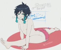 1boy ai_assisted androgynous aqua_eyes ass bangs barefoot black_hair blue_hair blush braid choker closed_mouth collar dolphin_shorts english_text feet genshin_impact gradient_hair green_eyes looking_at_viewer male_focus multicolored_hair nipples otoko_no_ko short_hair_with_long_locks shorts simple_background smile smug soles solo solo_male sondu spiked_collar spikes toes topless_male twin_braids twitter_username venti_(genshin_impact)