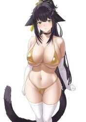 arknights cat_ears catgirl choker colored_sketch elbow_gloves female female_only green_eyes huge_breasts jessica_(arknights) kemonomimi micro_bikini shy sketch tail thighhighs