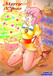 1990s 1999 1futa 20th_century ambiguous_penetration anal_penetration artist_name blue_eyes blush blushing bound bound_wrists christmas christmas_tree cum cum_drip cum_on_own_leg cum_through_clothes dated double_penetration dress eyebrows_visible_through_hair futanari hamarin heart_necklace intersex kanzaki_megu lipstick locket looking_at_viewer majokko_megu-chan pink_hair pink_lipstick solo solo_futa sweat sweatdrop tearing_up uncensored vibrator yellow_dress