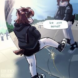 1:1 1female 1girls 2025 ambiguous_gender anthro anthro_female anthro_focus anthro_only artist_name black_bottomwear black_clothing black_footwear black_hoodie black_shoes black_shorts black_topwear bodily_fluids bottomwear brown_hair canid canine canis chicago_bean clothing convenient_censorship day dialogue digital_drawing_(artwork) digital_media_(artwork) domestic_dog english_description english_text female_(lore) footwear fur genital_fluids hair hi_res hoodie joan_(salamanding) mammal multicolored_clothing multicolored_footwear multicolored_shoes outside peeing peeing_on_object reflection salamanding shoes shorts solo speech_bubble_censor tail tan_body tan_fur text topwear two_tone_clothing two_tone_footwear two_tone_shoes urine urine_stream watermark white_clothing white_footwear white_shoes