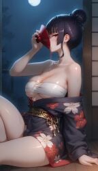 ai_generated areola_slip bangs bare_shoulders bent_knees black_hair blue_eyes blunt_bangs blush breasts clavicle cleavage clothing curvaceous dead_or_alive drinking female female_only hair_ornament hat headwear huge_breasts indoors kimono large_breasts lips long_hair looking_at_viewer mole mole_under_mouth no_bra nyotengu obi off_shoulder purple_eyes robe sash seiza shiny sidelocks sitting solo tagme thick_thighs thighs tied_hair traditional_clothes video wafuku wide_sleeves