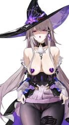 1girls areola_slip cameltoe cleavage dress female female_only hat herta_(honkai:_star_rail) honkai:_star_rail honkai_(series) horny horny_expression horny_face horny_female hoyoverse leaking_pussy lifting_skirt mihoyo nipple_pasties pantyhose pasties pussy_juice pussy_juice_drip pussy_juice_drip_through_clothes pussy_juice_trail sawaki_ken solo solo_female sweat sweating sweaty sweaty_breasts the_herta_(honkai:_star_rail) white_background witch_hat