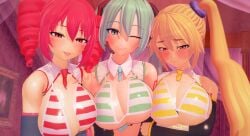 3d 3girls akita_neru big_breasts bikini blue_eyes blue_hair blush blush breasts cleavage detached_collar detached_sleeves embarrassed embarrassed_female fanloid female female_only hair_ornament hatsune_miku huge_breasts kasane_teto koikatsu large_breasts necktie necktie_between_breasts one_eye_closed ponytail red_eyes red_hair smile striped_bikini tongue tongue_out triple_baka_(vocaloid) twin_drills twintails utau vocaloid yellow_eyes yellow_hair