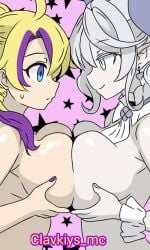 2girls blonde_hair blue_eyes breast_press breast_to_breast breasts clavkiys_mc clavkiys_the_magikey_skyblaster closed_eyes demon demon_girl demon_horns earrings female hi_res huge_breasts konami labrynth_of_the_silver_castle looking_at_partner lovely_labrynth_of_the_silver_castle nude open_mouth pale_skin pressing_breasts_together rule_63 silver_eyes smile sweatdrop twintails white_hair yu-gi-oh!