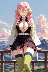 1girls 2025 ai_generated bangs belt black_skirt blush braid breasts cleavage closed_eyes cloud curvaceous demon_slayer demon_slayer_uniform eroflow female_only green_hair green_thighhighs hi_res highres japanese_clothes kanroji_mitsuri kanroji_mitsuri_(cosplay) kimetsu_no_yaiba large_ass large_breasts long_hair long_sleeves mole mountainous_horizon no_panties open_mouth outdoors partially_unbuttoned patreon pink_hair pleated_skirt pussy ribbed_legwear skirt sky smile solo teasing thighhighs thighs twin_braids voluptuous voluptuous_female white_belt wig