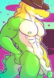 alligator alligatorid anthro balls candy clothing crocodilian dessert digital_media_(artwork) fizzyjay food food_creature genitals glitch_productions gummigoo_(tadc) gummy_(food) gummy_creature hat headgear headwear hi_res living_candy male muscular muscular_male nipples nude penis reptile scalie simple_background solo solo_male tail the_amazing_digital_circus